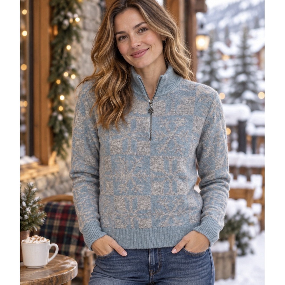 LOFT Nordic Sweater L Blue Fair Isle Mock Neck Wool Blend Quarter Zip Cozy Warm